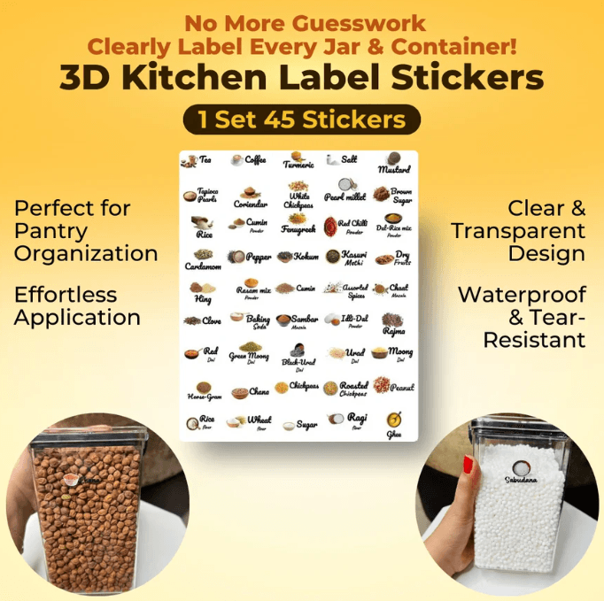 Rasoi™ 3D Waterproof Kitchen Label Stickers (Pack of 60 Stickers)