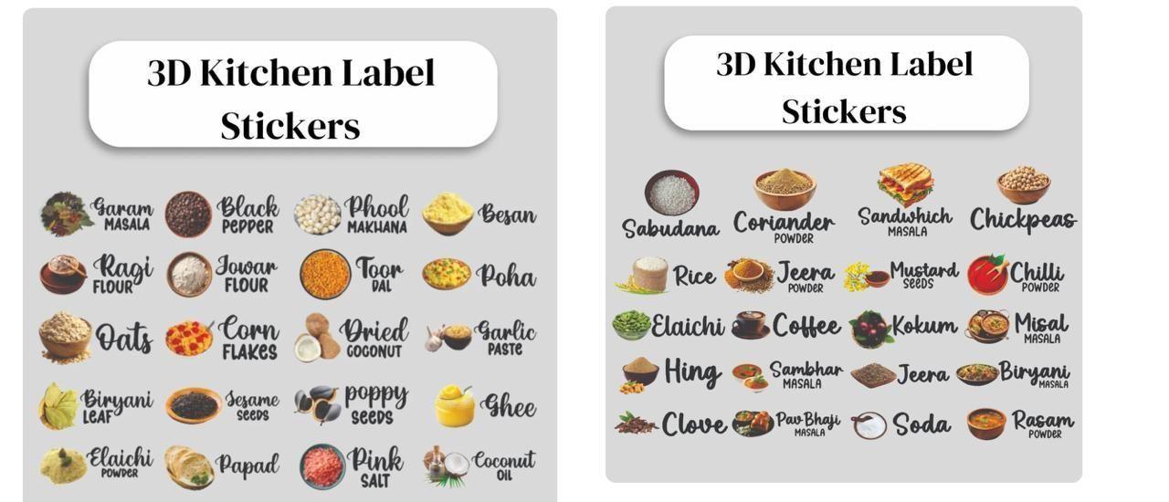 Rasoi™ 3D Waterproof Kitchen Label Stickers (Pack of 60 Stickers)